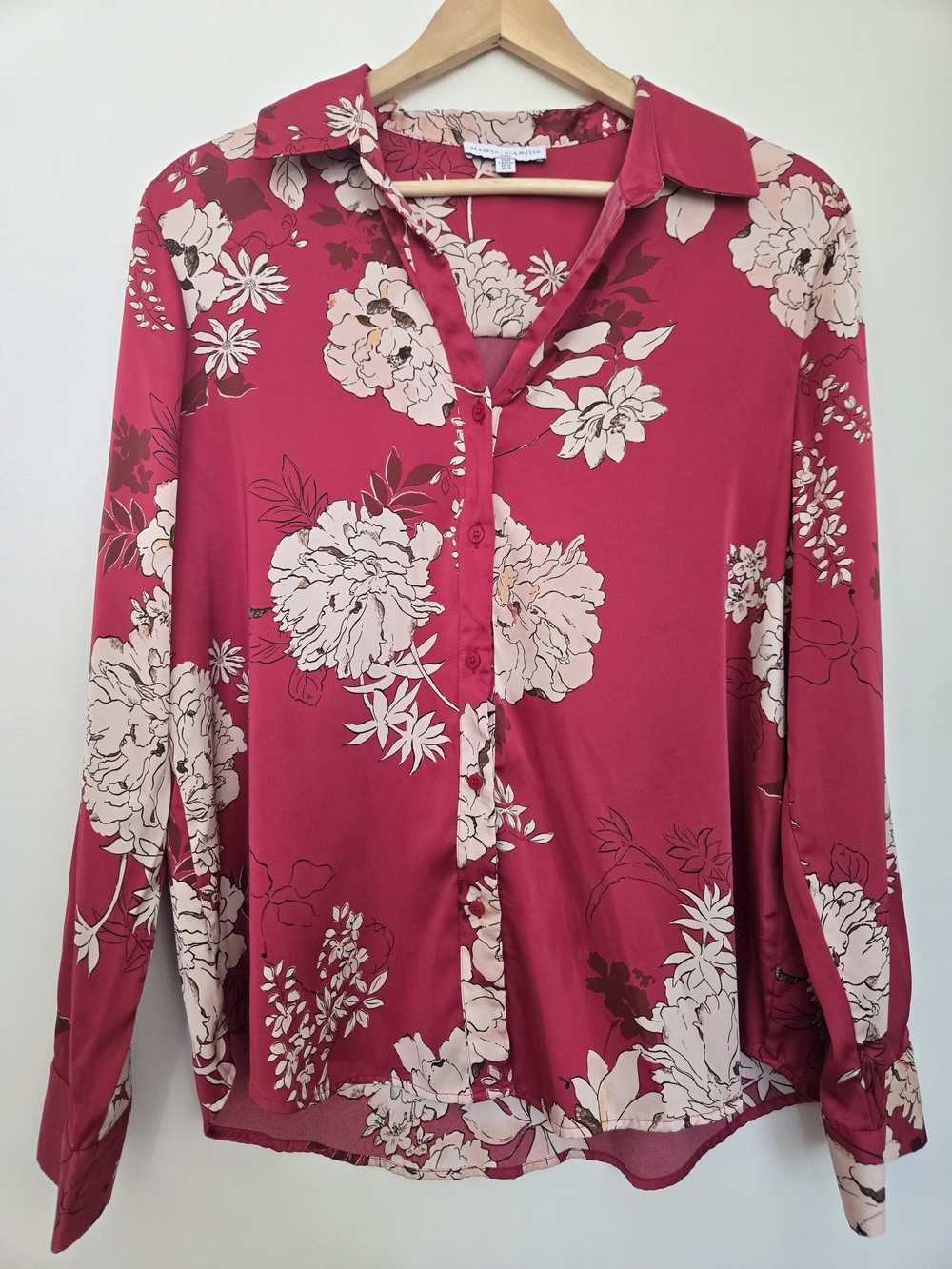 Womens Magenta Floral Button-Up Shirt Blouse